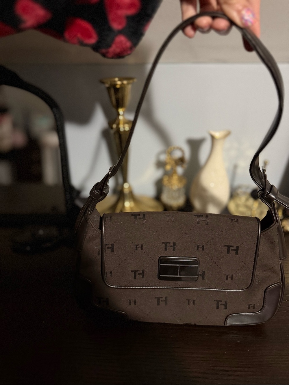 Tommy Hilfiger Dark Brown Monogram Shoulder Bag